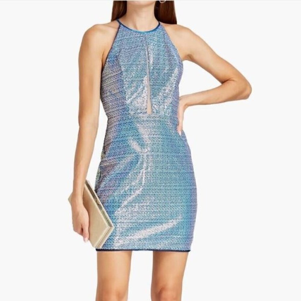 Aidan Mattox Formal Sequin Halter Mini Dress with Cutout Size 2 Marine Blue NWT - Picture 1 of 16